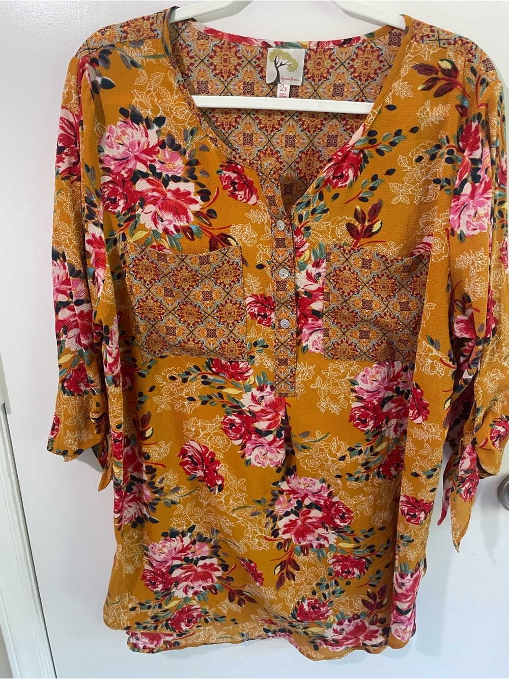 fig and flower Mustard Floral V-Neck Tunic with Patch Pockets Plus size